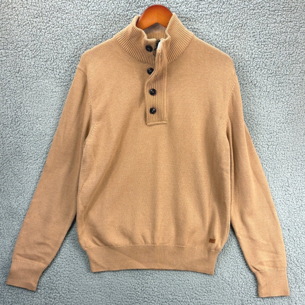 Barbour Mock Neck Button Sweater Men's Size Large Tan Beige Pullover Knit Casual